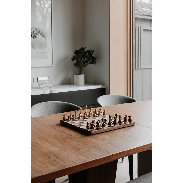 Modern Walnut and Maple Wobble Chess Set with Chrome Accents