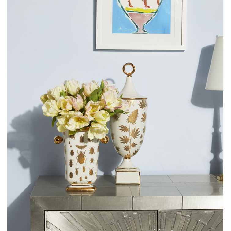 White and Gold Porcelain Vase with Botanical Design