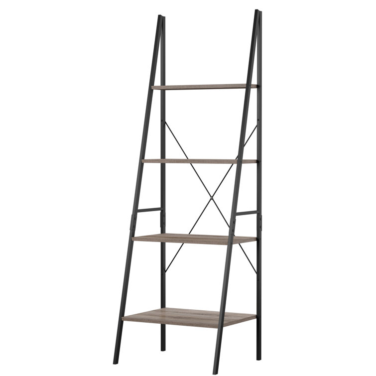 Weathered Gray 4-Tier Wood and Metal Ladder Shelf