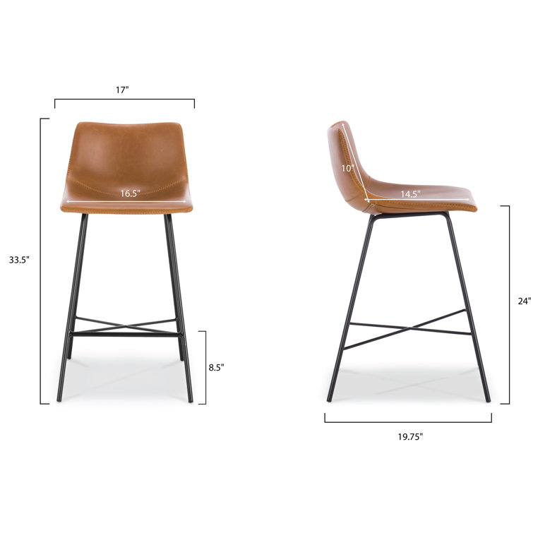 Urban Matte Black 24" Metal and Tan Leather Saddle Counter Stool, Set of 3