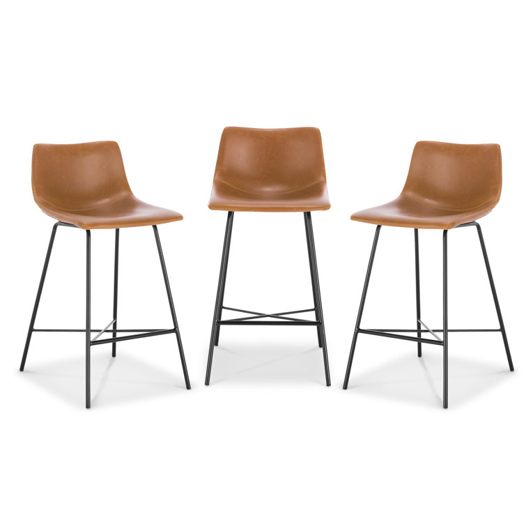 Urban Matte Black 24" Metal and Tan Leather Saddle Counter Stool, Set of 3