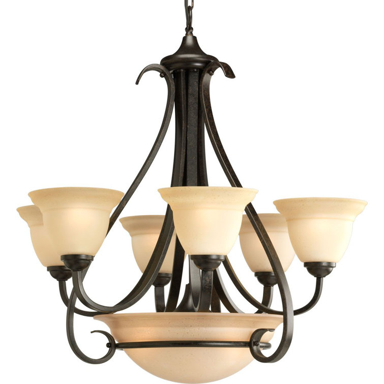 Torino 6-Light Two-Tier Bronze Chandelier with Etched Glass Shades