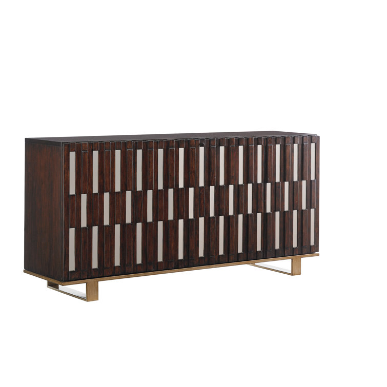 Transitional Mahogany Media Console with Bronze Mirror Accents