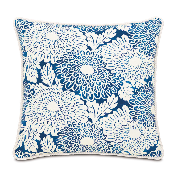 Blue and White Cotton Square Throw Pillow with Zipper Closure