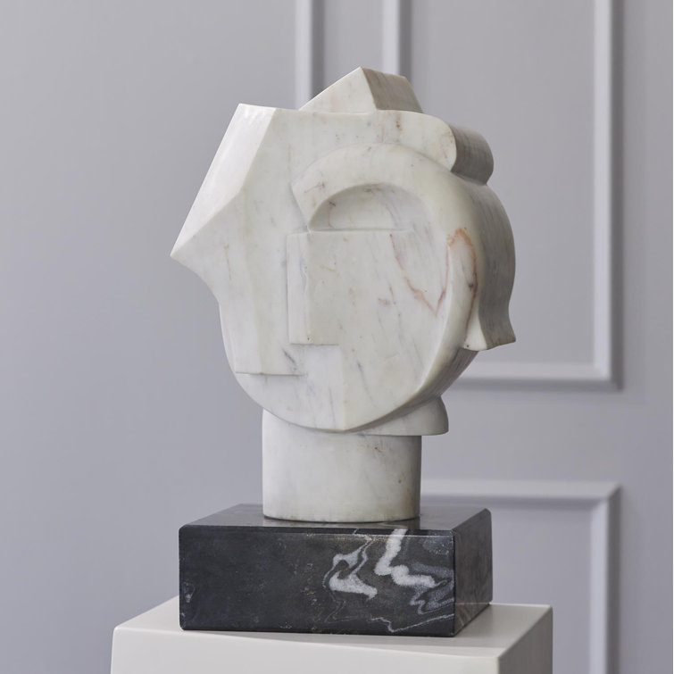 Handcrafted White Marble Abstract Bust with Black Base