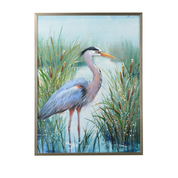Silver Framed Heron Canvas Acrylic Painting, 49.75'' x 37.75''