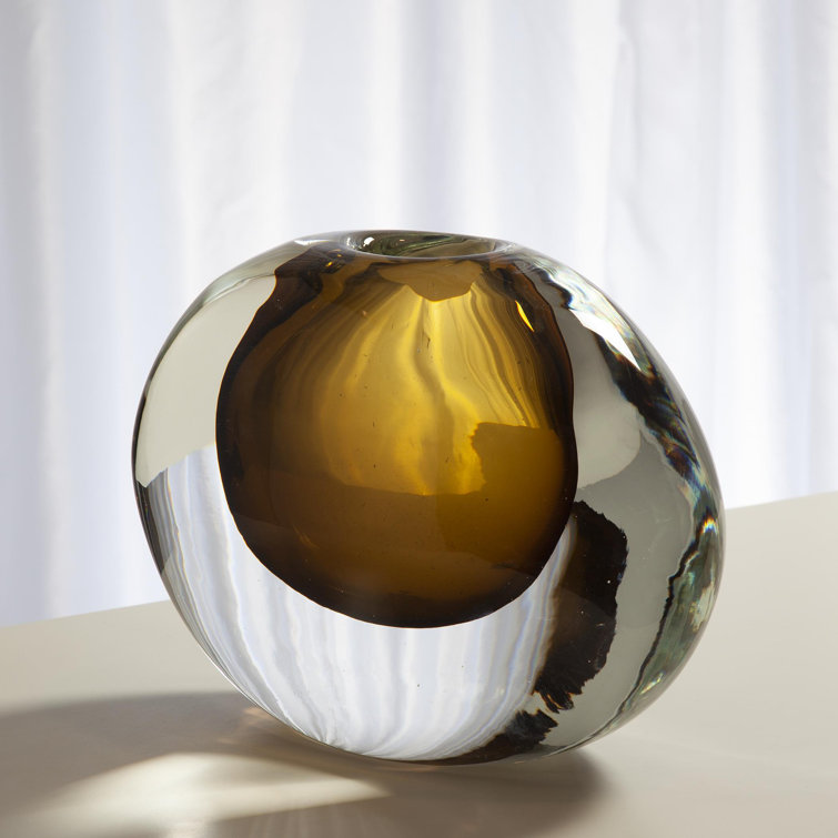 Amber and Clear Glass Decorative Round Vase