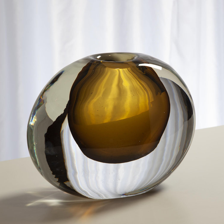 Amber and Clear Glass Decorative Round Vase