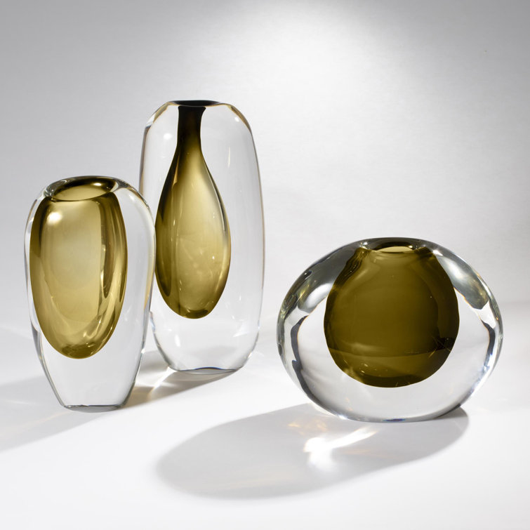 Amber and Clear Glass Decorative Round Vase