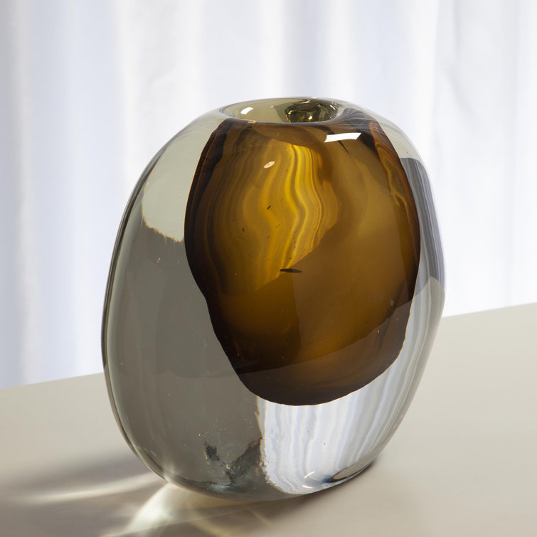 Amber and Clear Glass Decorative Round Vase