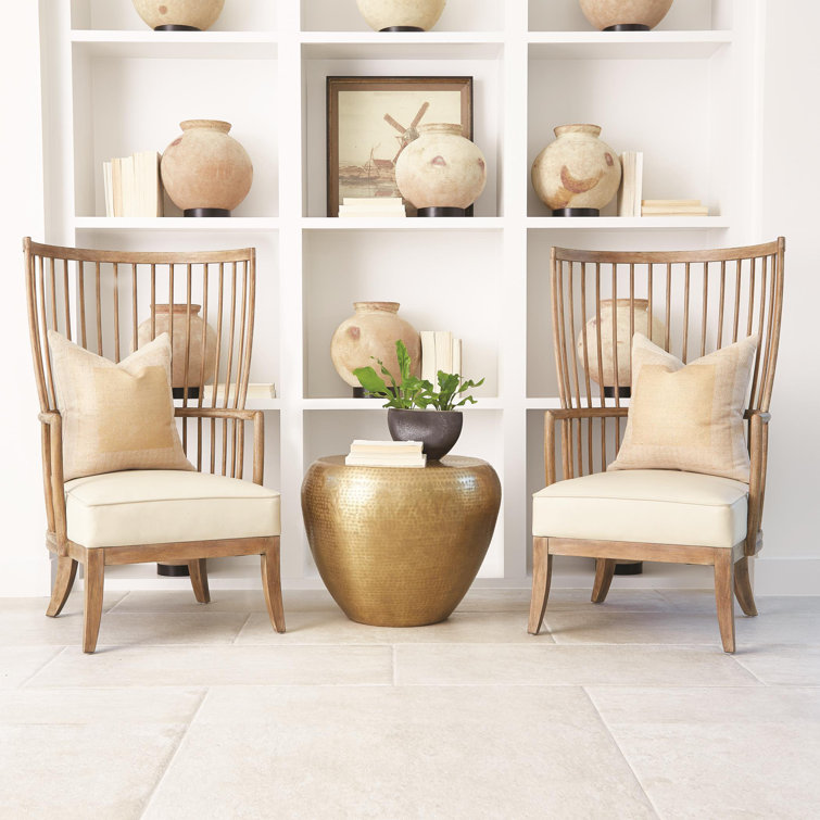 Adelaide Handcrafted Beige Leather Spindle Wing Chair