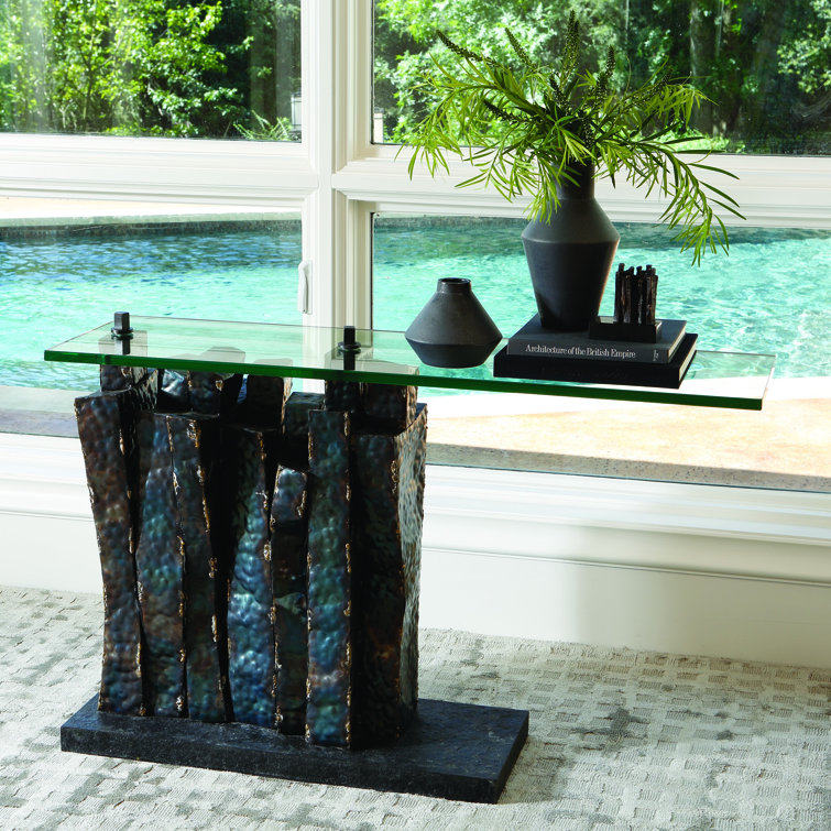Brutalist Brass Braised Metal & Glass Console Table