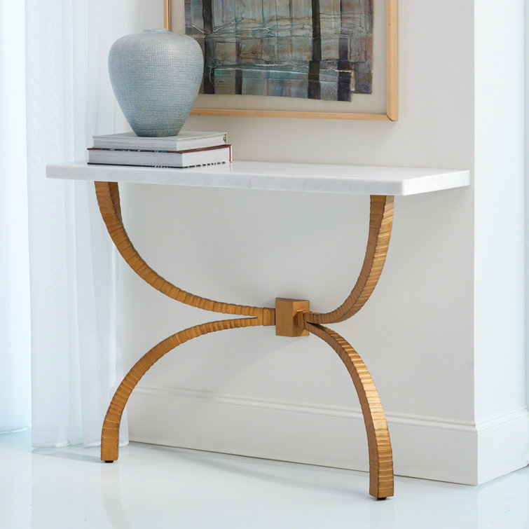 Elegant Gold-Finished Iron and White Marble Teton Wall-Mounted Console