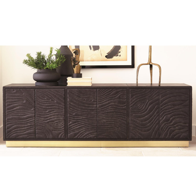Charcoal Leather Long Cabinet with Brass Base