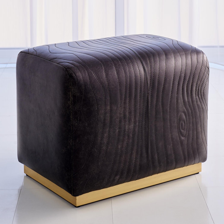 Charcoal Cowhide Leather Ottoman with Antique Satin Gold Legs
