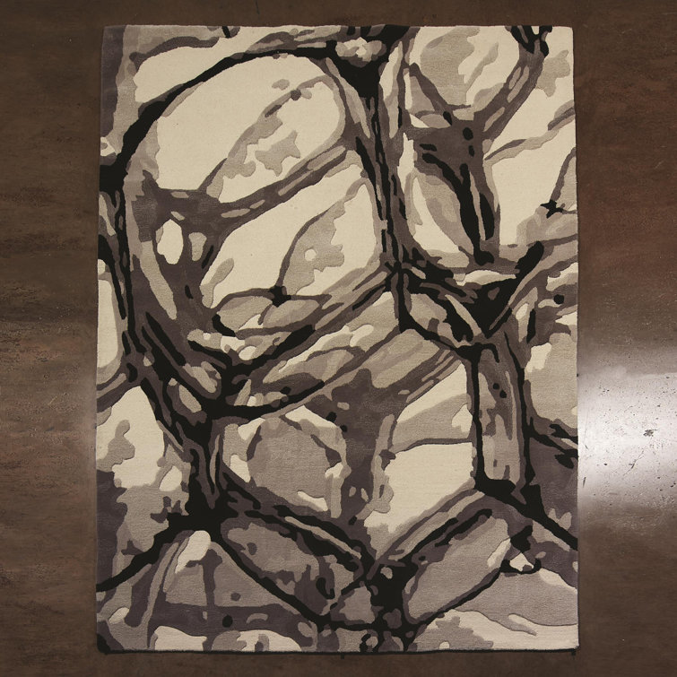 Abstract Watercolor Hand-Tufted Black Wool 8' x 10' Rug