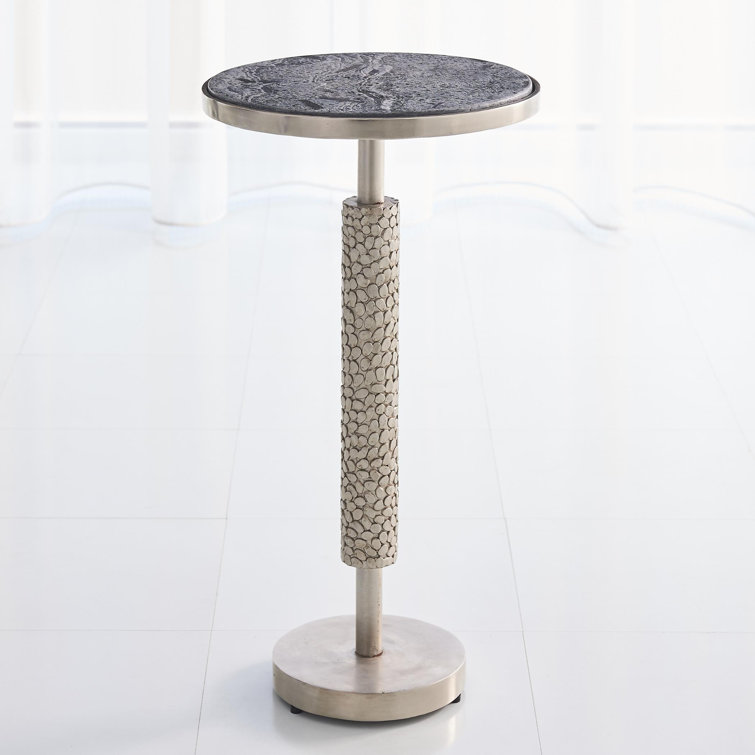 Antique Nickel Hammered Round Martini Table with Grey Marble Top