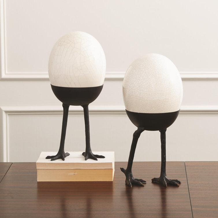 Black and White Ceramic Ostrich Egg Sculpture with Legs
