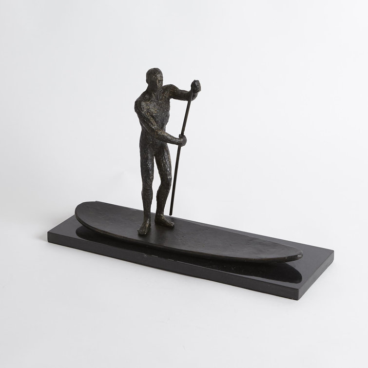 Coastal Bronze Iron SUP Sculpture on Black Marble Base