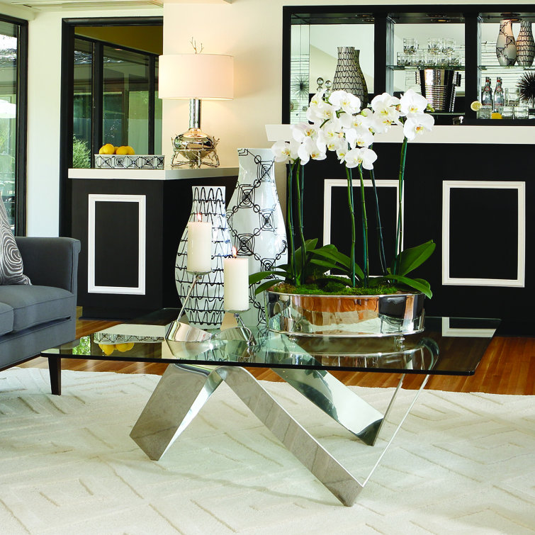 Sculptural Nickel Finish Metal and Glass Square Cocktail Table