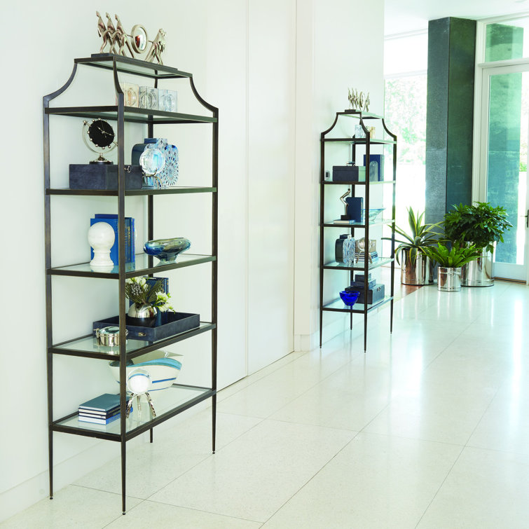 Lescot Adjustable Dark Gunmetal Bronze Etagere with Tempered Glass Shelves