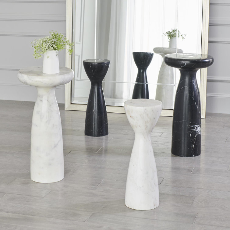 Sleek Round Black Marble & Wood Tower Table - 22" Height