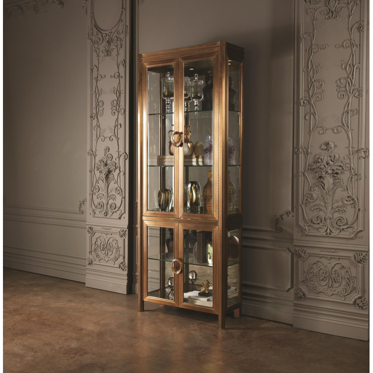 Lighted Poplar and Dark Brass China Cabinet with Glass Shelves
