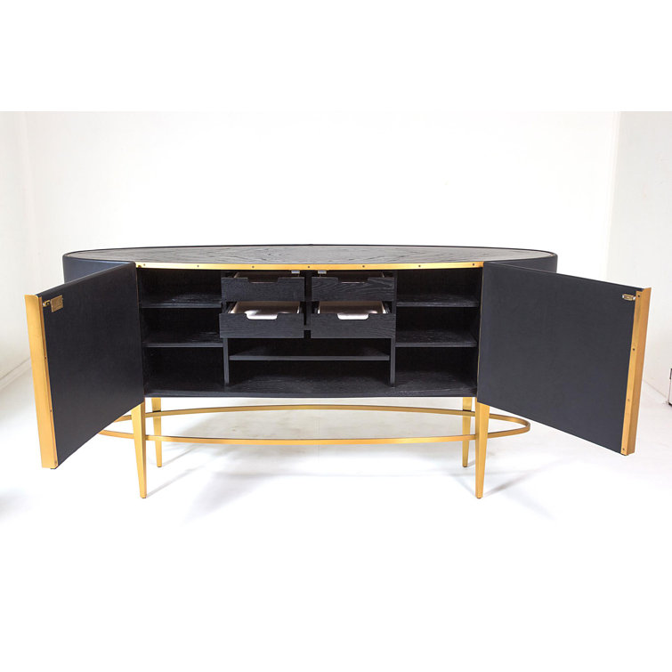 Ebony Black Cowhide and Oak Sideboard with Brushed Brass Legs