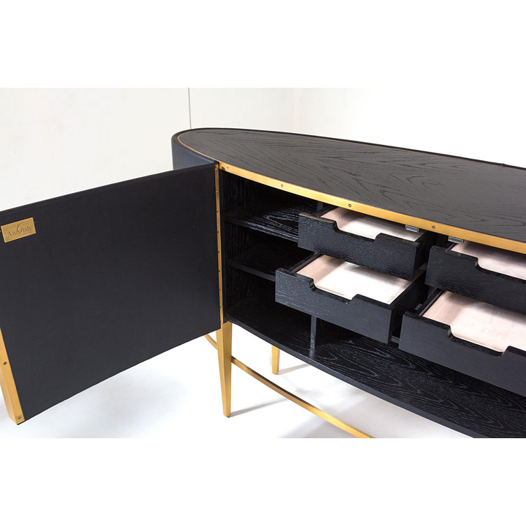 Ebony Black Cowhide and Oak Sideboard with Brushed Brass Legs