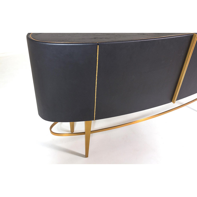 Ebony Black Cowhide and Oak Sideboard with Brushed Brass Legs