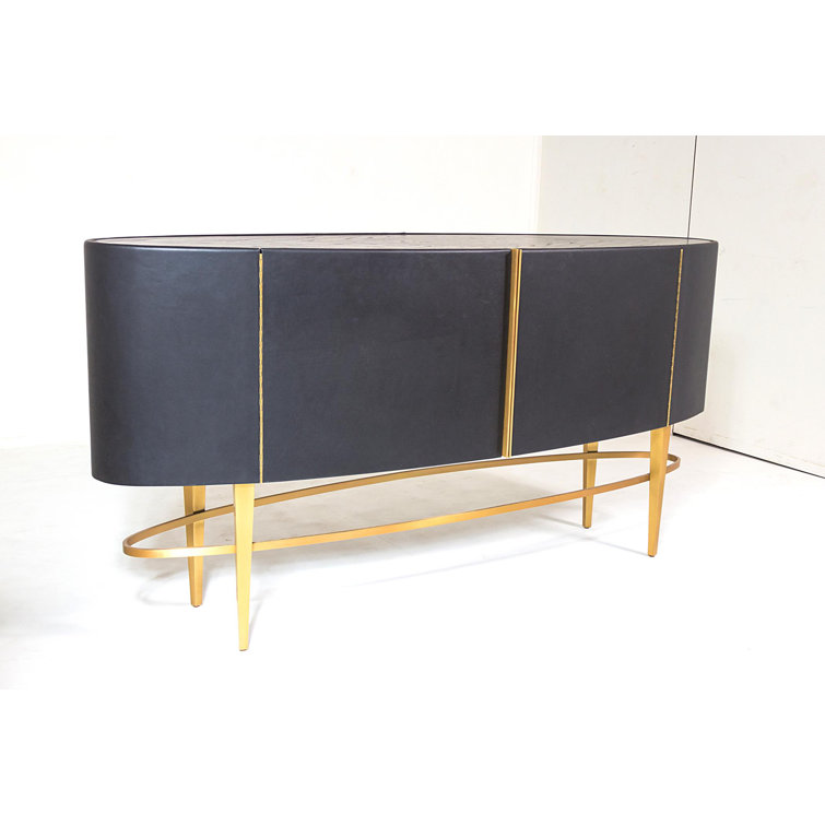 Ebony Black Cowhide and Oak Sideboard with Brushed Brass Legs