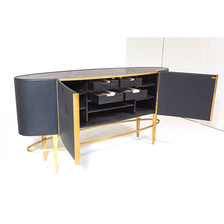 Ebony Black Cowhide and Oak Sideboard with Brushed Brass Legs