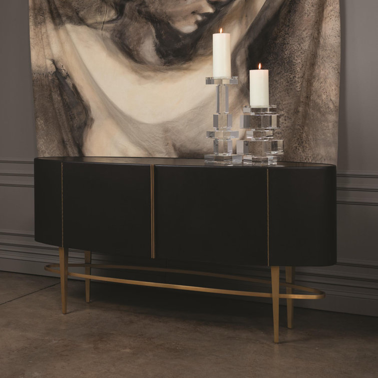 Ebony Black Cowhide and Oak Sideboard with Brushed Brass Legs