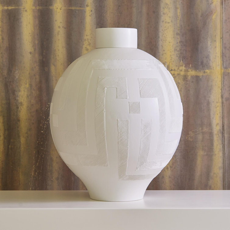 Matte White Ceramic Lidded Jar with Geometric Pattern