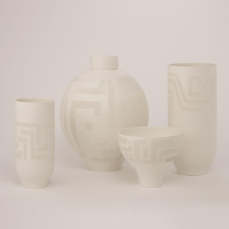 Matte White Ceramic Lidded Jar with Geometric Pattern