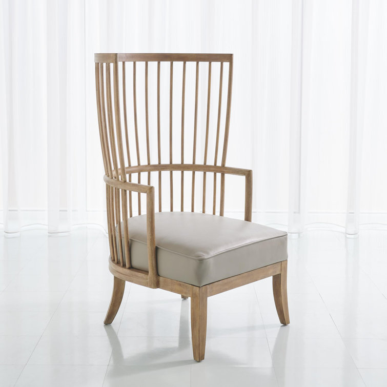 Elegant Gray Top-Grain Leather Spindle Wing Armchair