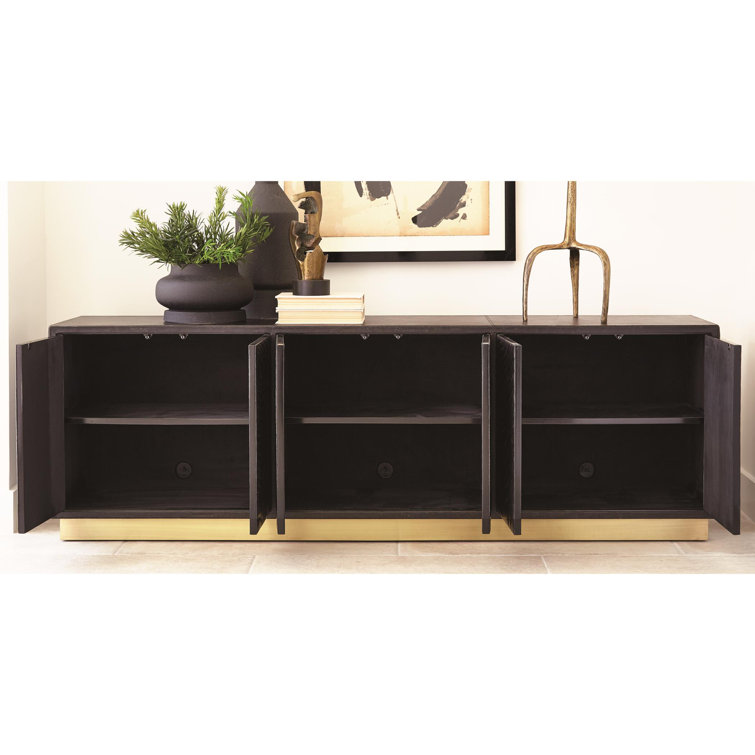 Charcoal Leather Long Cabinet with Brass Base
