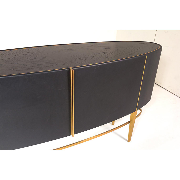 Ebony Black Cowhide and Oak Sideboard with Brushed Brass Legs