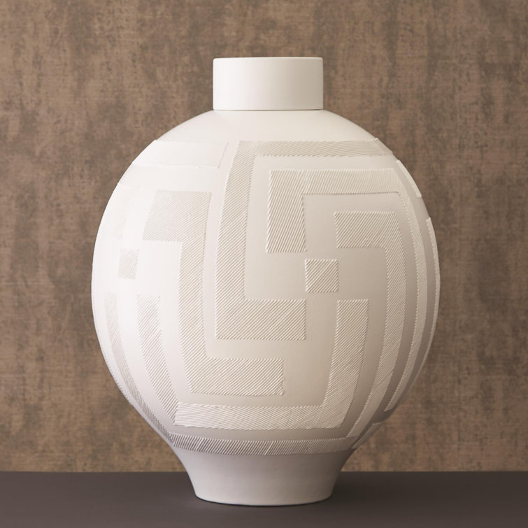 Matte White Ceramic Lidded Jar with Geometric Pattern