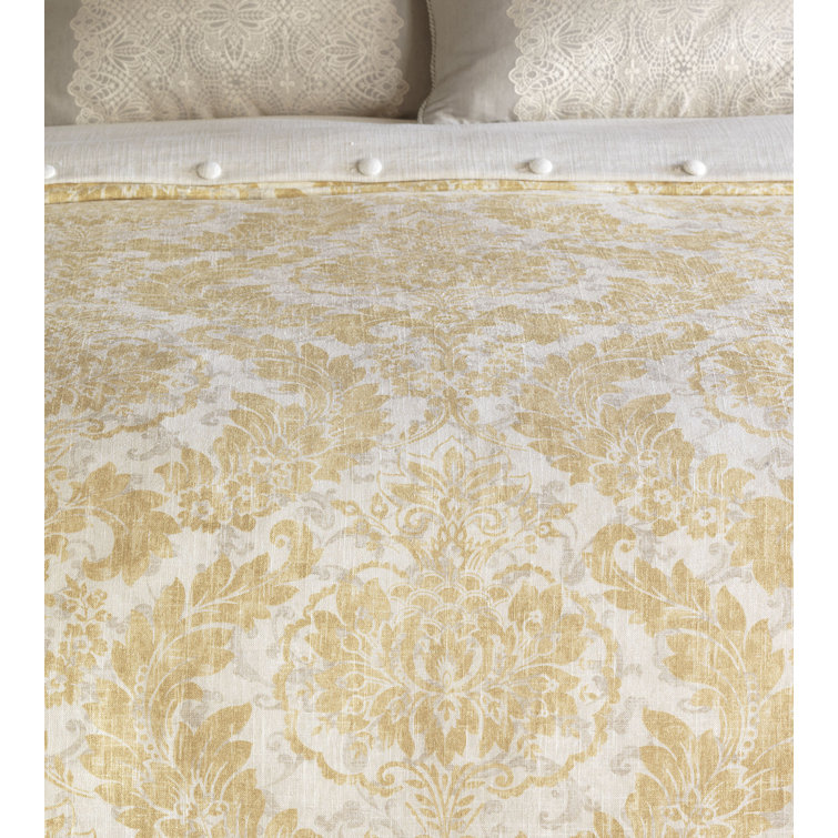 California King Beige Linen Damask Duvet Cover Set
