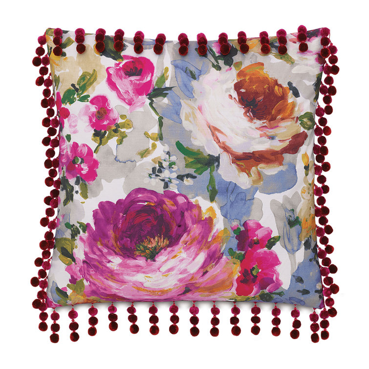 Square Floral Polyester Throw Pillow with Pom-Poms