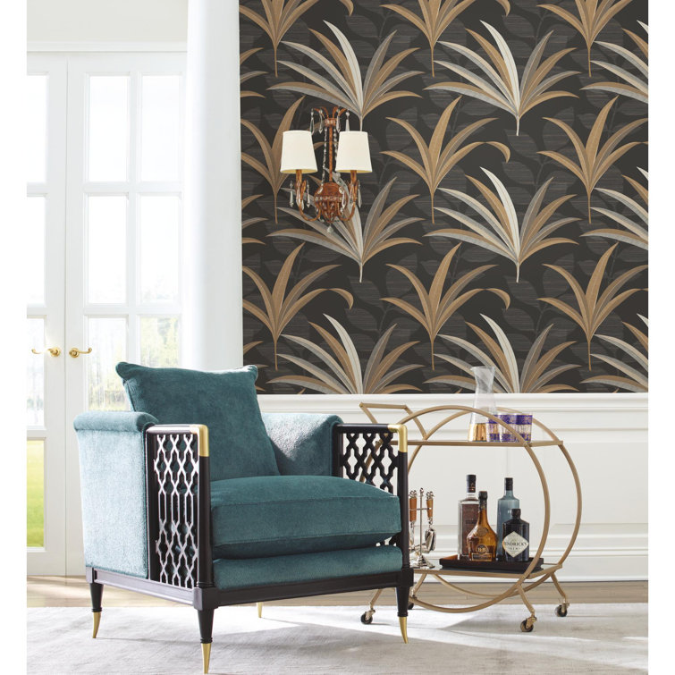 Black and Gold Tropical Leaf Nonwoven Wallpaper