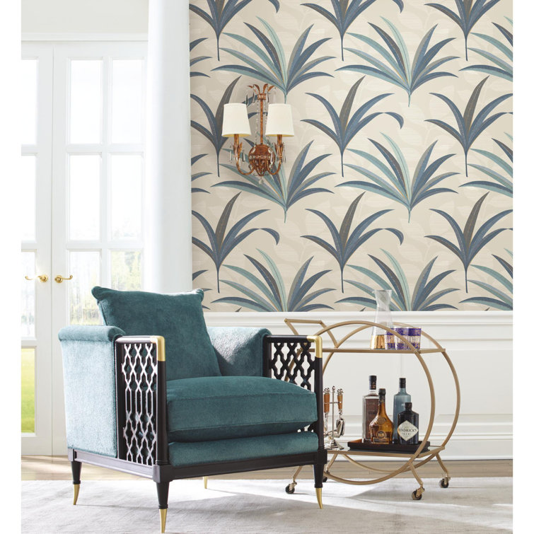 Taupe and Dark Blue Tropical Leaf Peel & Stick Wallpaper
