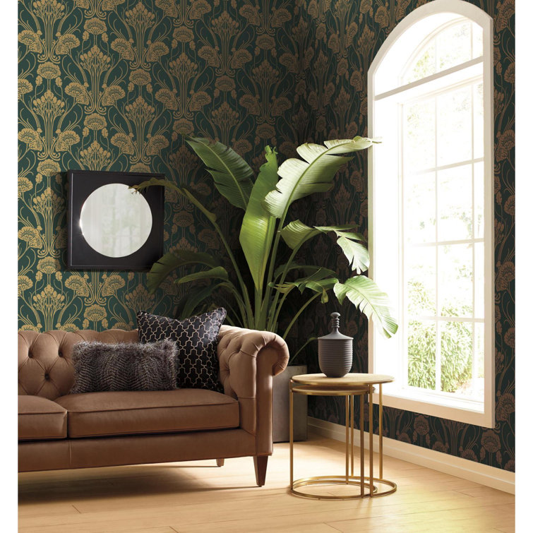 Dark Emerald and Gold Non-Woven Damask Wallpaper Roll