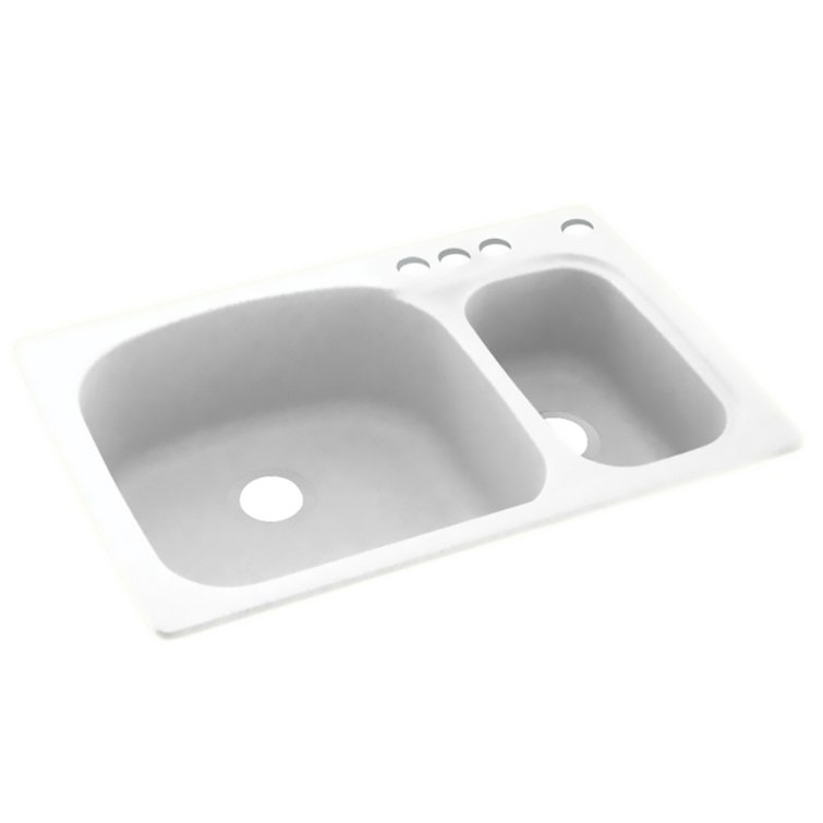 White Matte Solid Surface Double Bowl Kitchen Sink, 33"