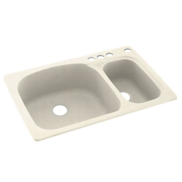 White Matte Solid Surface Double Bowl Kitchen Sink, 33"