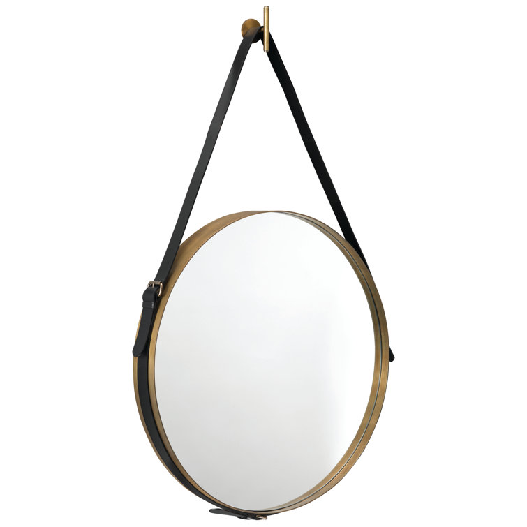 Large Round Antique Brass Mirror with Black Leather Strap