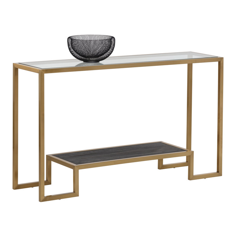 Gold Rectangular Glass and Elm Console Table with Storage