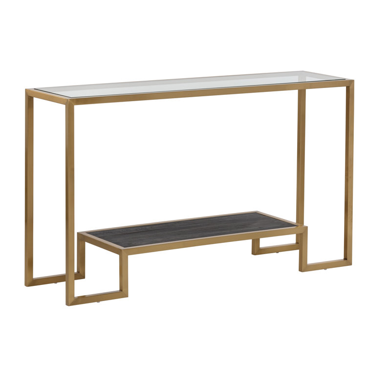 Gold Rectangular Glass and Elm Console Table with Storage