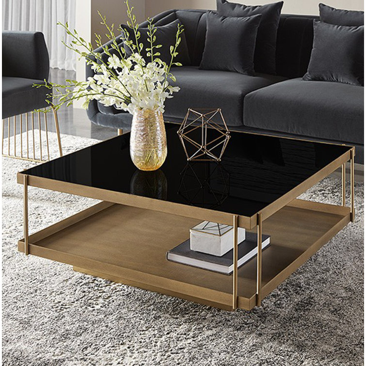 Black Glass Top Square Coffee Table with Brass Frame